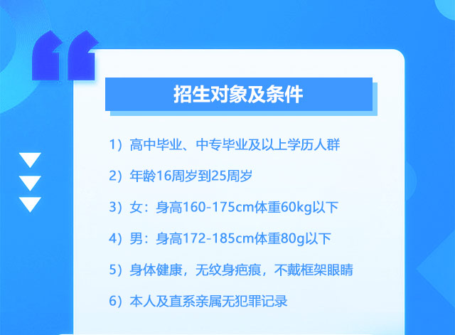 招生对象及条件:1)高中毕业、中专毕业及以上学历人群;2）年龄16周岁到25周岁;3)女生身高160cm到175cm体重53公斤;4)男生身高172cm到185cm体重75公斤;5）身体健康，无纹身疤痕，不戴框架眼睛;6)本人及直系亲属无犯罪记录